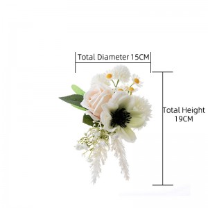 CF01215 घर की सजावट, शादी की सजावट के लिए कृत्रिम फूल आइवरी रोज़ कैमेलिया कैमोमाइल छोटा गुलदस्ता स्टेनलेस स्टील क्लिप