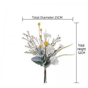 CF01249 Dizajni i ri Buqetë me lule artificiale për pranverën e verës me shumicë Buqetë me gjethe argjendi me luleradhiqe Dahlia për dekorim