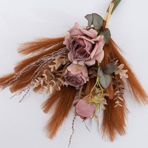 CF01674 งานแต่งงานผสมประดิษฐ์ผ้าไหม Pampas ฤดูใบไม้ร่วงสีผ้าแห้ง Rose Bundle สำหรับตกแต่งบ้าน