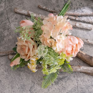 CF01332 Chine usine vente directe soie artificielle hortensia tissu pivoine Rose Bouquet avec accessoires en plastique pour la décoration de mariage