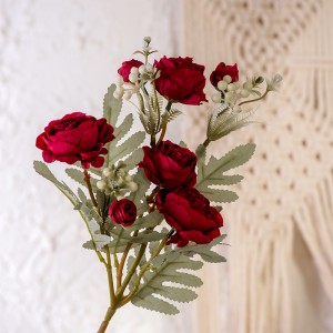 MW83112 Hot Selling Bagong Disenyo Artipisyal Ranuculus Rose Apat na Ulo ng Bulaklak Tatlong Bulaklak Daan Lotus Branch Artificial Rose Wedding