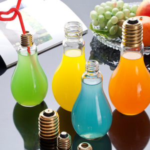 200ml glass beverage water juice light bulb shape bottle with lid straw