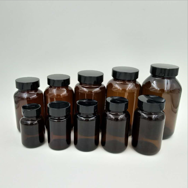 Top Suppliers Flat Shape Glass Bottle - Different Sizes Round Brown Medicine Packaging Glass Bottle with Screw Lid – Linlang