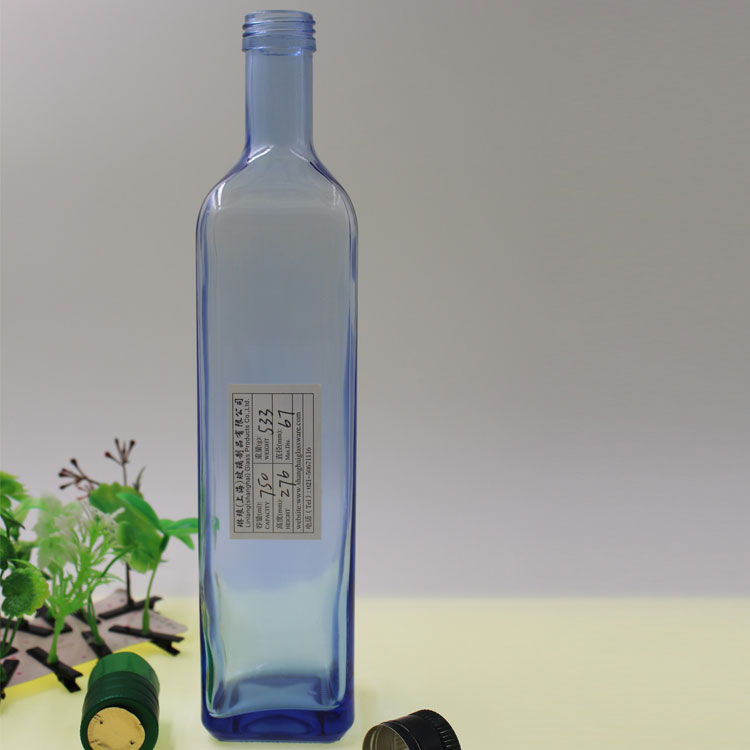 Sticlă de sticlă cu ulei de măsline pătrată cu șurub albastru deschis