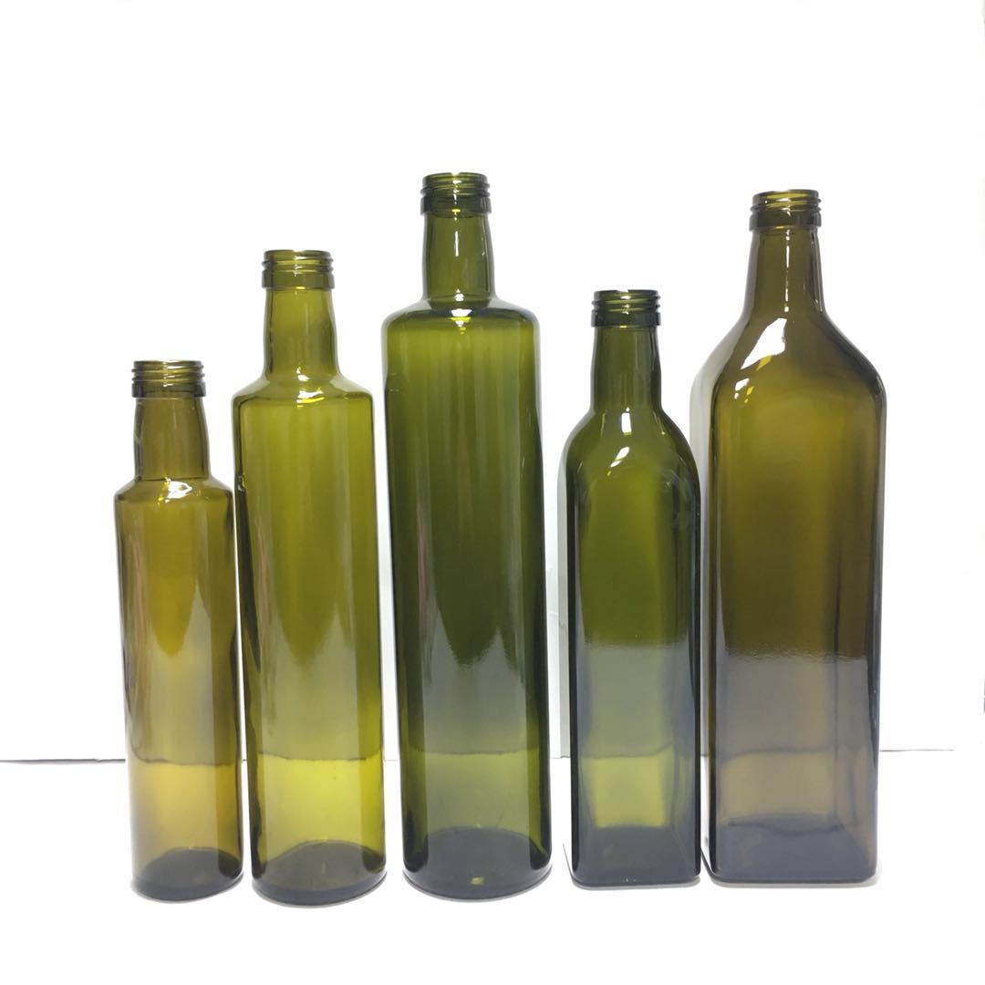 750 ml rund mørkegrøn olivenolie glasflaske med skruelåg
