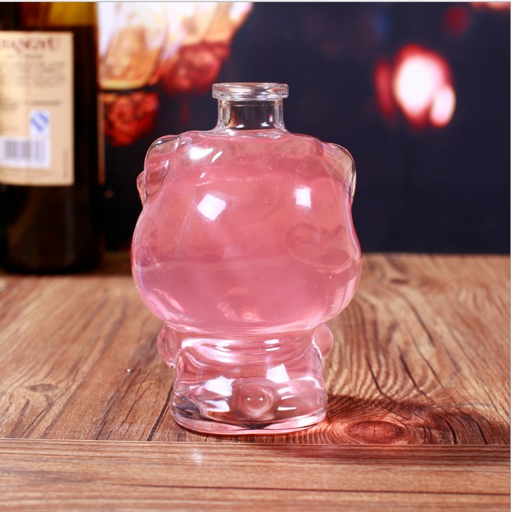 Custom Glass Beverage bottles 350ml Empty Unique Cat Shaped Clear Bottles with Cork for Juice Coffee Tea