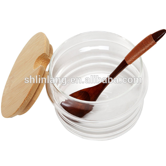 Good Quality Empty Chili Sauce Bottle - Bamboo Clear Glass Lidded Condiment Pots Spice Jars Sugar Bowls with Spoons – Linlang