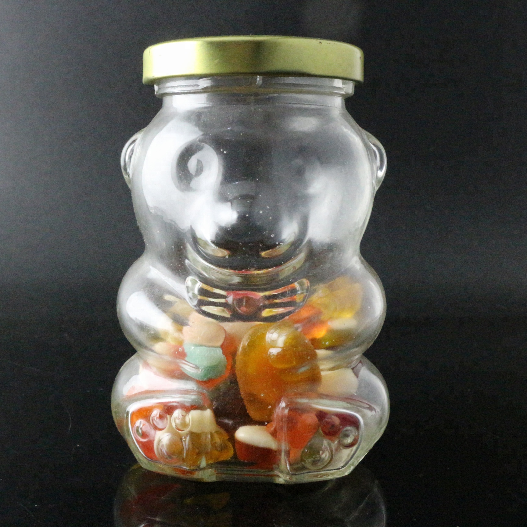 9 oz Honey Bear Shaped Glass Jar Glass Bottle Mei Black White Gold Metal Lid