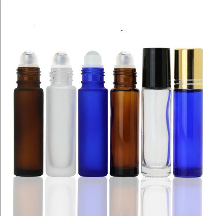 10 ml (1/3 oz) Amber Glass Roller Bottles Refillable Empty Transparent and Blue Frosted Glass Roll on Bottle