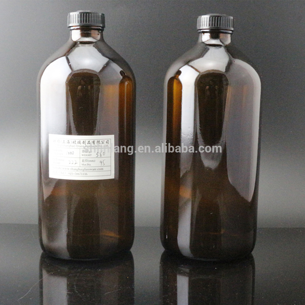 1L amber glass bottle with screw cap and inner stopper