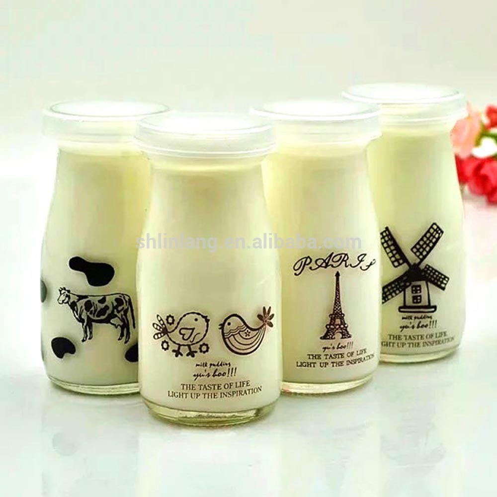 botellas de impresión en color lindo al por mayor Shanghai Linlang mermelada de pudín de leche frascos de vidrio con leche con tapón de rosca de plástico