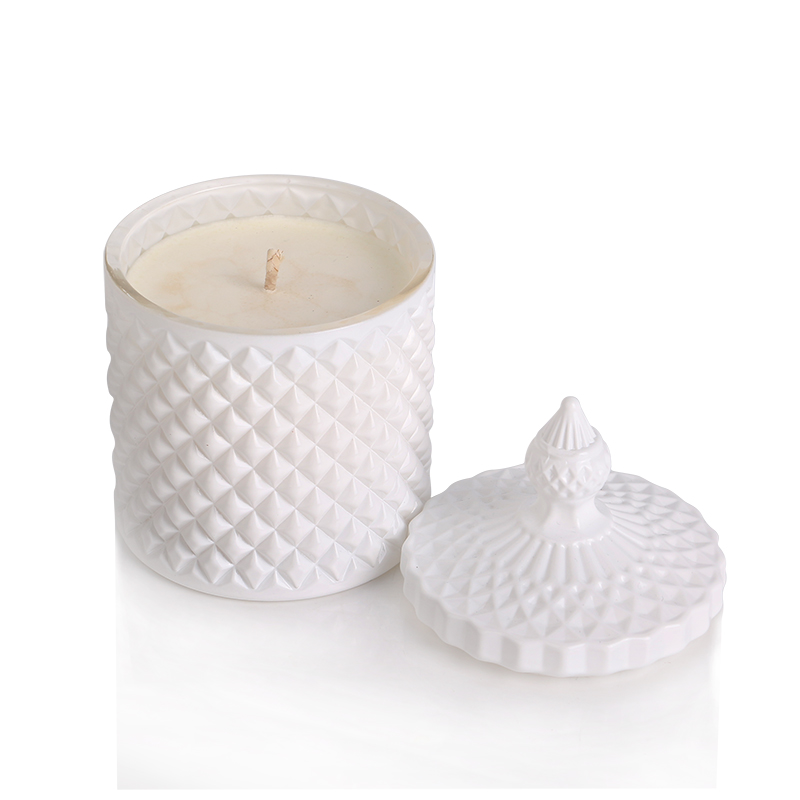 Linlang Hot Sale Decoration Glass Candle Holder White Geo Cut Glass Candle Jar With Lid