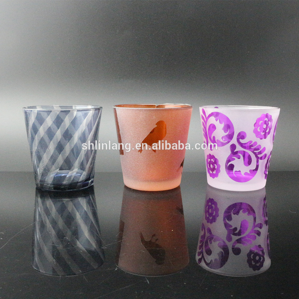 White Frosted Glass Candle Holder With Purple Flower Pattern