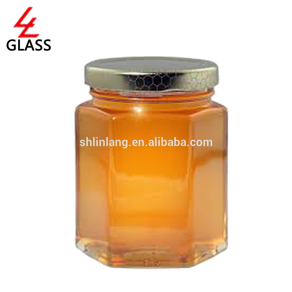 Sjanghai linlang 1.5oz mini glasfles duidelik seshoek heuning glasfles met goud deksel