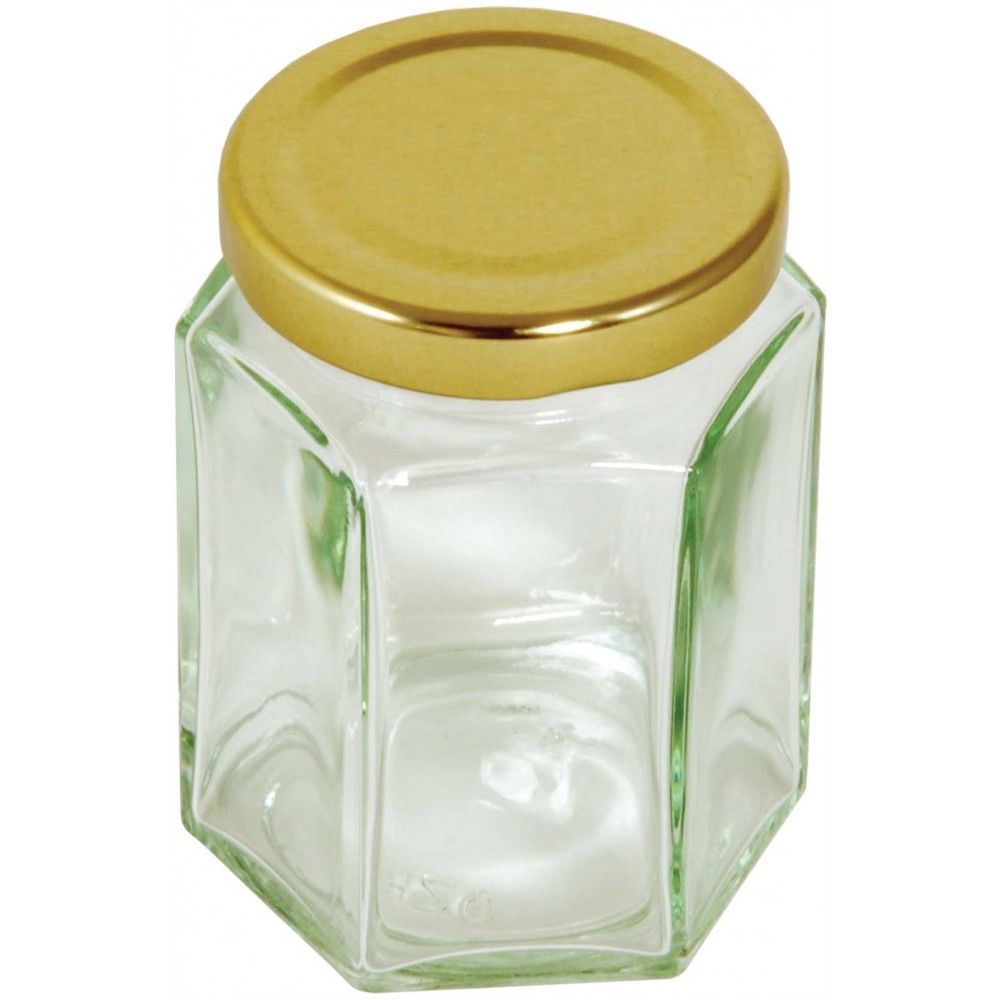 Honey preserves glass jar with lid hexagonal 12oz gold lids