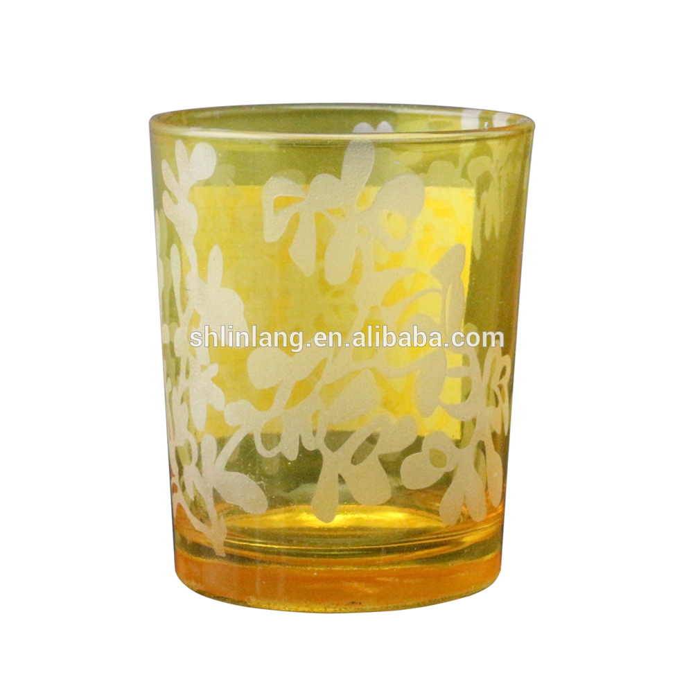 Painted Yellow Glass Candle Holder With Flower Pattern
