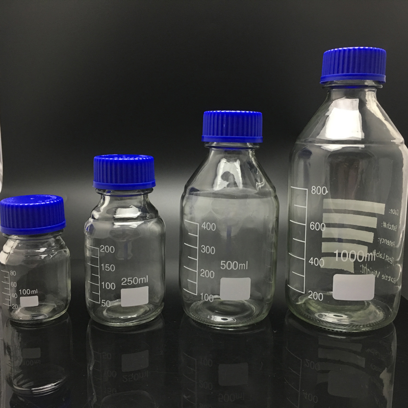 Botellas redondas medios de almacenamiento de borosilicato de Pyrex de vidrio con tapón de rosca GL45 100ml