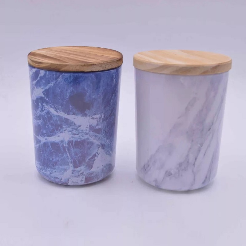 Shanghai Linlang New Design Custom Kaca efek Marble Candle Jars Kanthi Lid Kayu