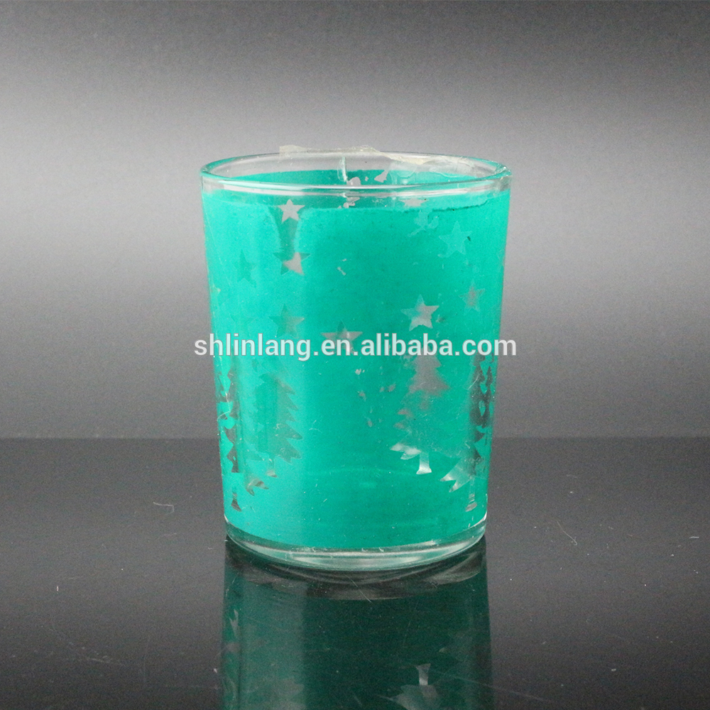 Clear Tealight Glass Candle Holder With Green Pattern