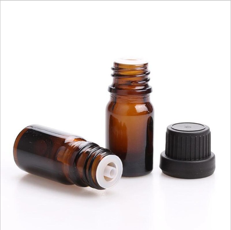 5ml 10ml Essential oil Amber Glass Bottle Big Black Screw Cap with Safety Ring with Seal Plug Dropper