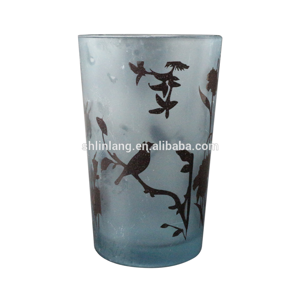 Frosted Light Blue Glass Candle Holder With Bird Pattern