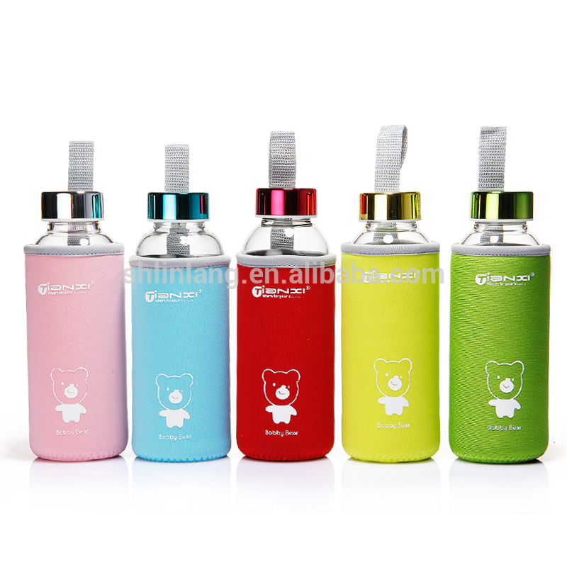 330ml glass drinking bottle with colorful cap and coat