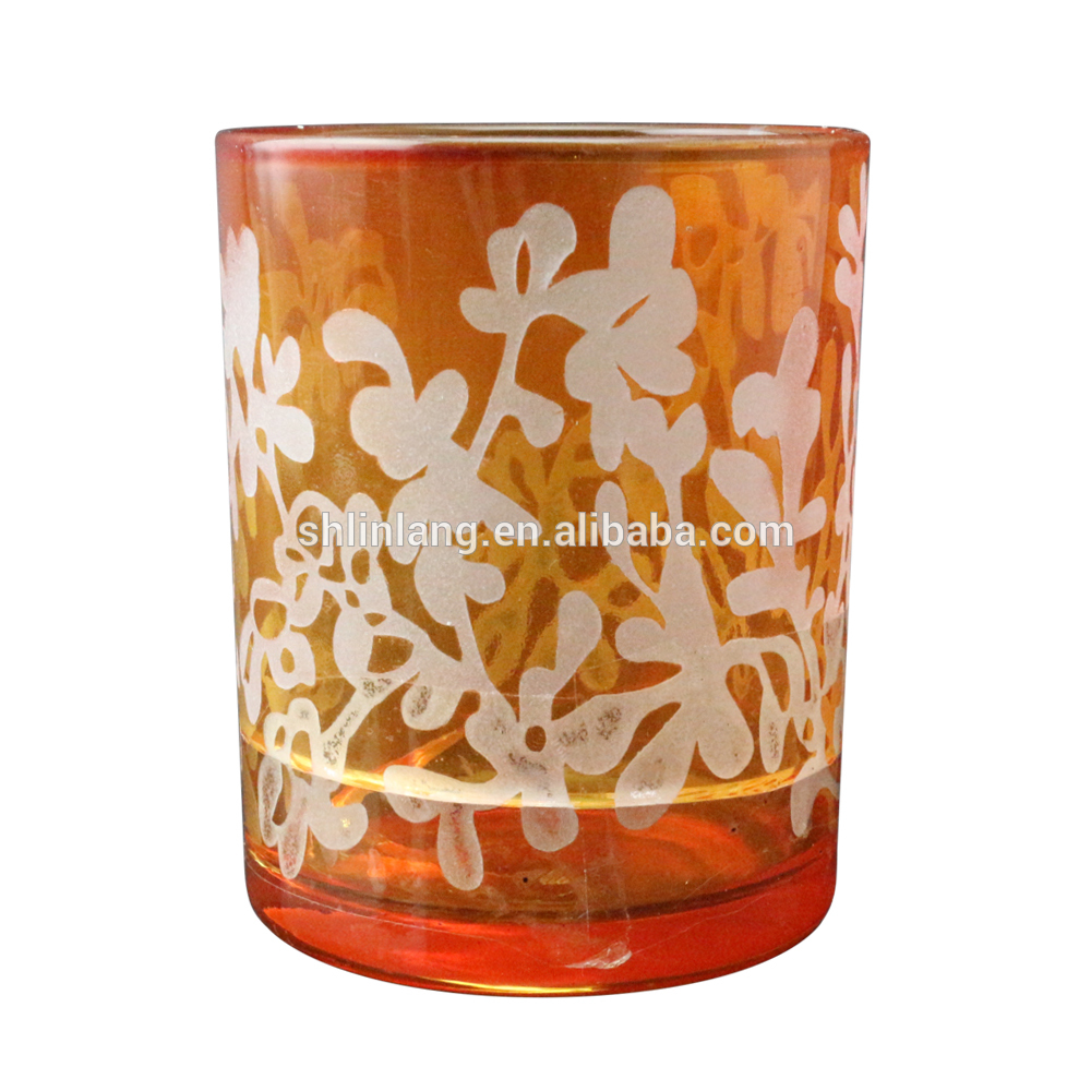 Painted Orange Glass Candle Holder With Flower Pattern