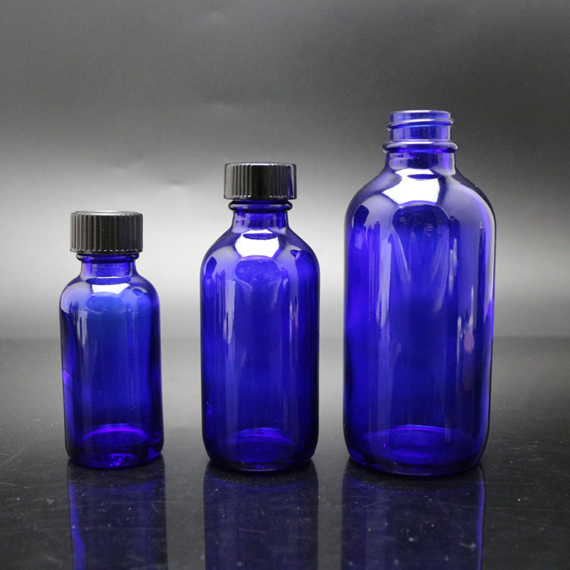 Best quality Handmade Colored Glass Bottle For Beverage - 1oz 2oz Cobalt Blue Glass Boston Round Bottles with Black Cap – Linlang