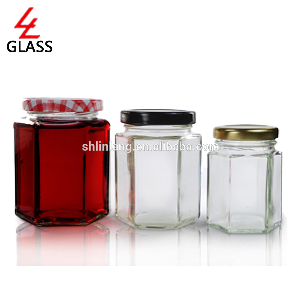 shanghai linlang hexagonal glass honey jar with black lid in bottles
