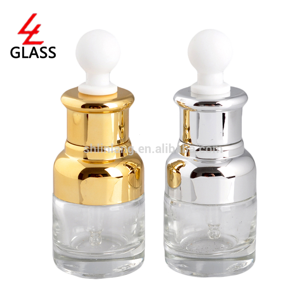 Factory wholesale Empty Small Wine Bottle - 20ml clear round glass bottle with silver and gold metal dropper – Linlang