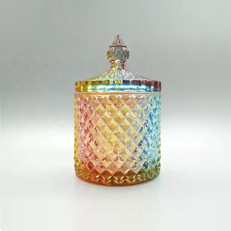 Linlang Wholesale New Product Fancy Colorful Diamond Cut Lidded Glass Candle Jar Geo Cut Glass Jar