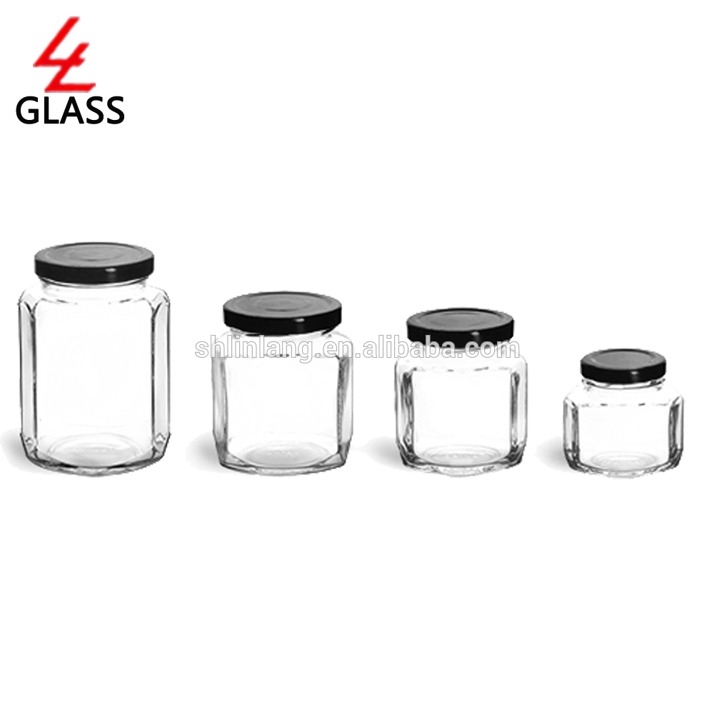 Bottom price 550ml Clear Round Straight Sided Glass Mason Jars - shanghai linlang hexagonal glass honey jar with black lid in bottles jars – Linlang