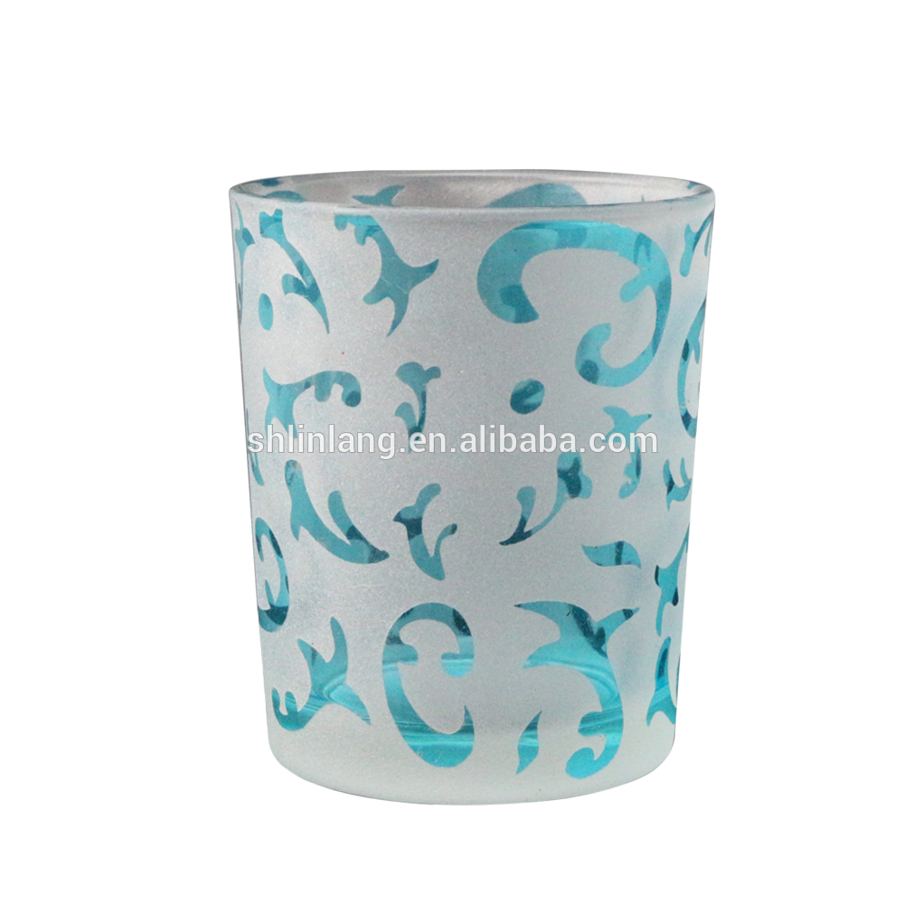 White Frosted Glass Candle Holder With Blue Pattern