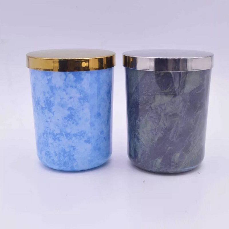 상하이 Linlang 새로운 디자인 사용자 정의 유리 캔들 항아리 대리석 금속 뚜껑 효과 유리 캔들 항아리