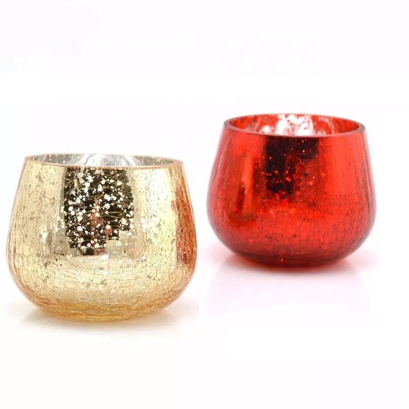 Shanghai Linlang Wholesale Decorative Colored Glass Candle Holder Round Cracked Glass Candle Holder