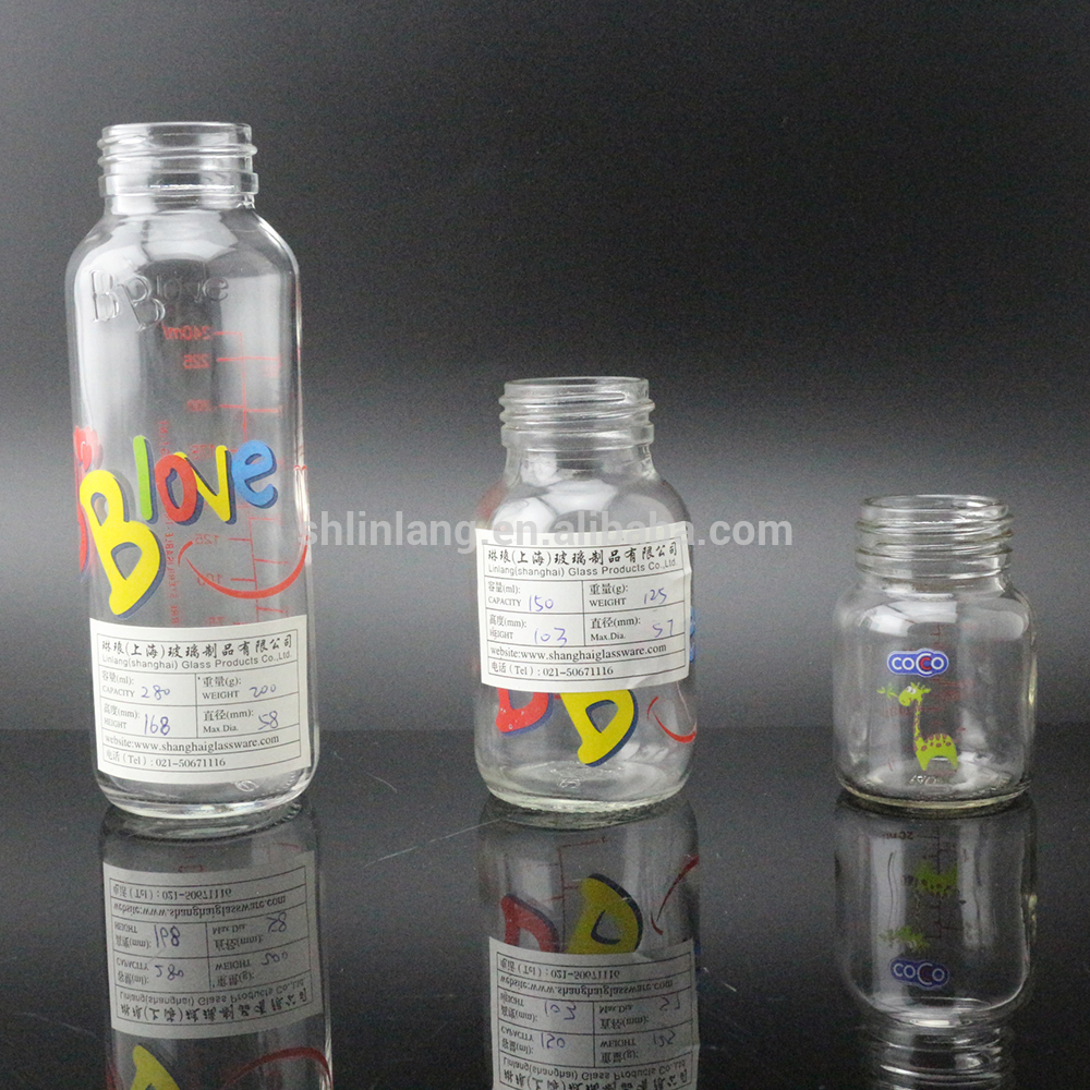 Shanghai Linlang pasūtījuma vairumtirdzniecība Augstas kvalitātes Baby Stikla pudeles ar dažādiem izmēriem