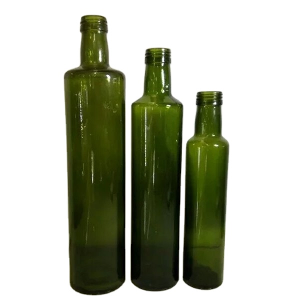 Botella de vidrio de aceite de oliva redonda verde oscuro