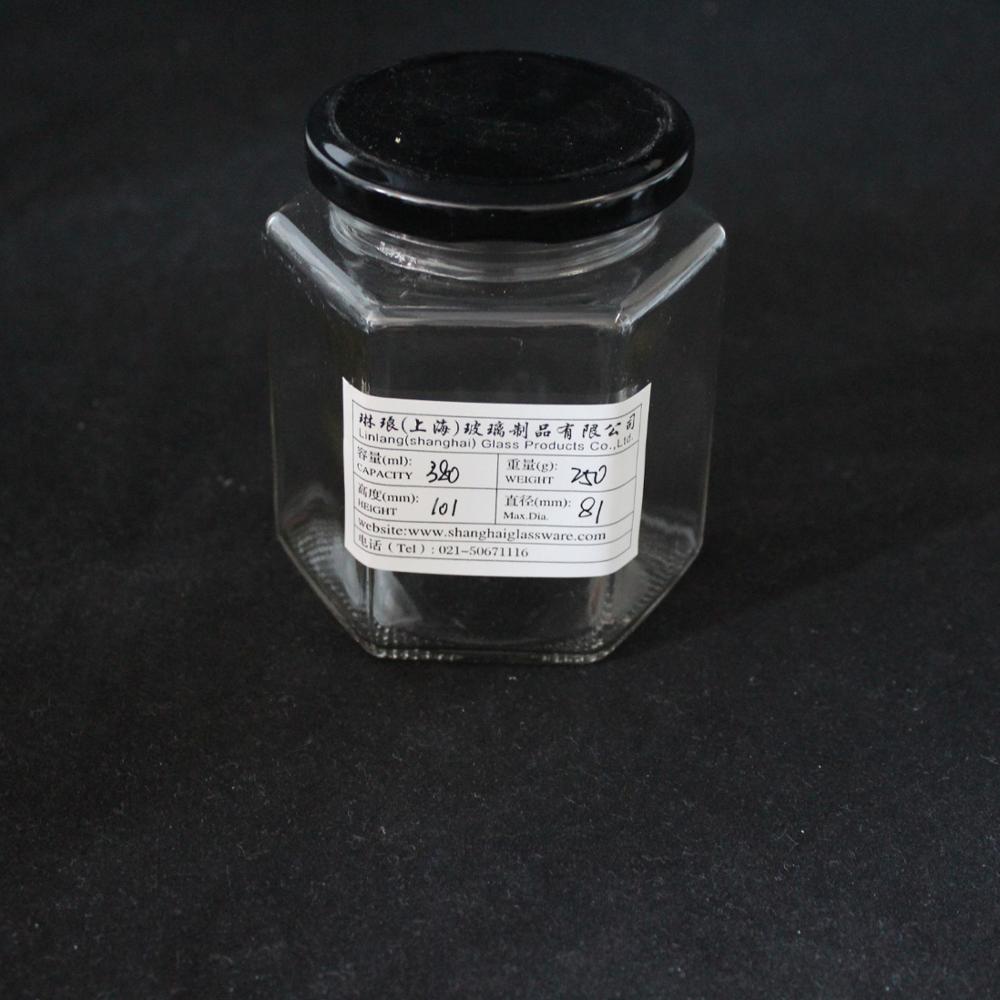 Preserve food chutney hexagonal honey glass jar with metal lid