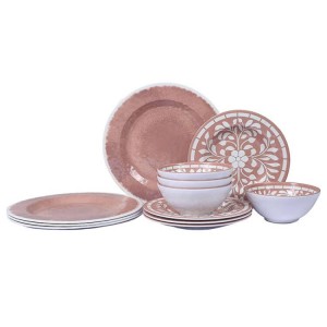 LFGB Standard Khoom kim heev Khoom noj khoom haus tshwj xeeb Customized Cookware Melamine Dinnerware Set Melamine Pink Dinnerware Set