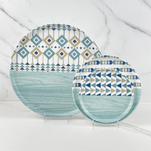 Acha anụnụ anụnụ na ọcha Decal Design Melamine Ware Set tableware Blue Plates Bowl Set Dinnerware