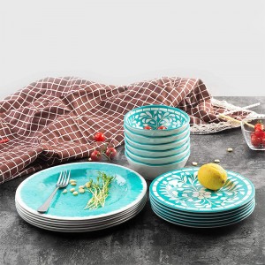Food Safe Grade Popular Product in Green and White Melamine Tableware Set 12 piece Flower Pattern Dinnerware Set