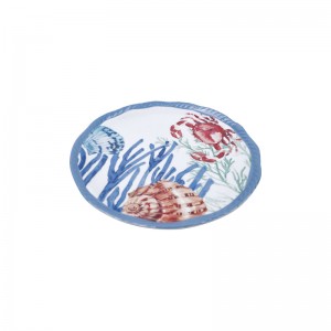 Lacná cena Veľkoobchod Vlastné melamínové taniere Séria Ocean Logo koralové hrebenatky krab ulita vzor Prispôsobený melamínový tanier