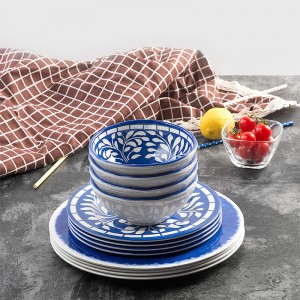 Vendita all'ingrosso di fabbrica OEM Melamina Set di piatti da cena da 12 pezzi per l'esterno Uso interno leggero Lavabile in lavastoviglie Blu