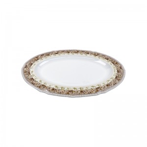 12 Inch Melamine Oval Plate With Golden Pattern Islamic Plastic Plate For Dessert Salad Appetizer Restaurant Plate