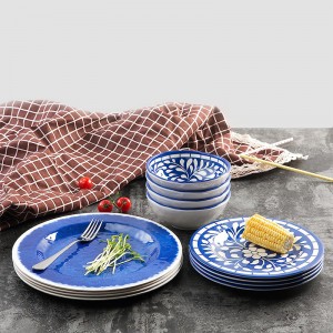 Gyári nagykereskedelmi OEM melamin 12 részes étkészlet kültéri beltéri használatra Könnyű mosogatógépben mosható, kék