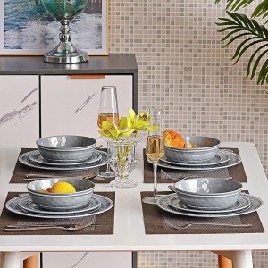 Set di piatti in melamina impilabili di colore grigio stile moderno Set di ciotole in melamina Set di stoviglie da 12 pezzi in melamina