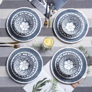 Komplet pjatash tavoline vintage 12 copë Vajilla me tas pjatash Komplet restoranti me printime me lule të bardha të përdorura melamine