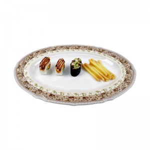 12 Inch Melamine Oval Plate With Golden Pattern Islamic Plastic Plate For Dessert Salad Appetizer Restaurant Plate