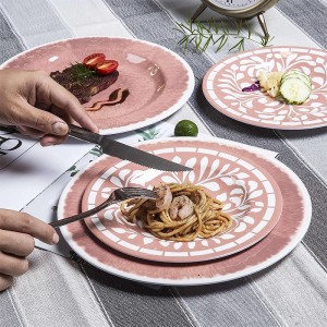 Roosa lillemustriga purunematu toidukvaliteediga melamiinist söögitaldrikute hulgimüük Plastikust sööginõude komplekt