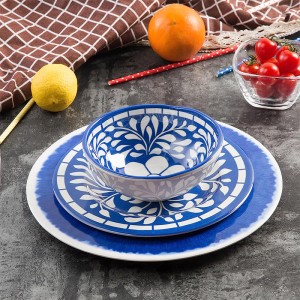 Tovární velkoobchod OEM melaminová 12dílná sada jídelního nádobí pro venkovní vnitřní použití Lehká modrá vhodná do myčky